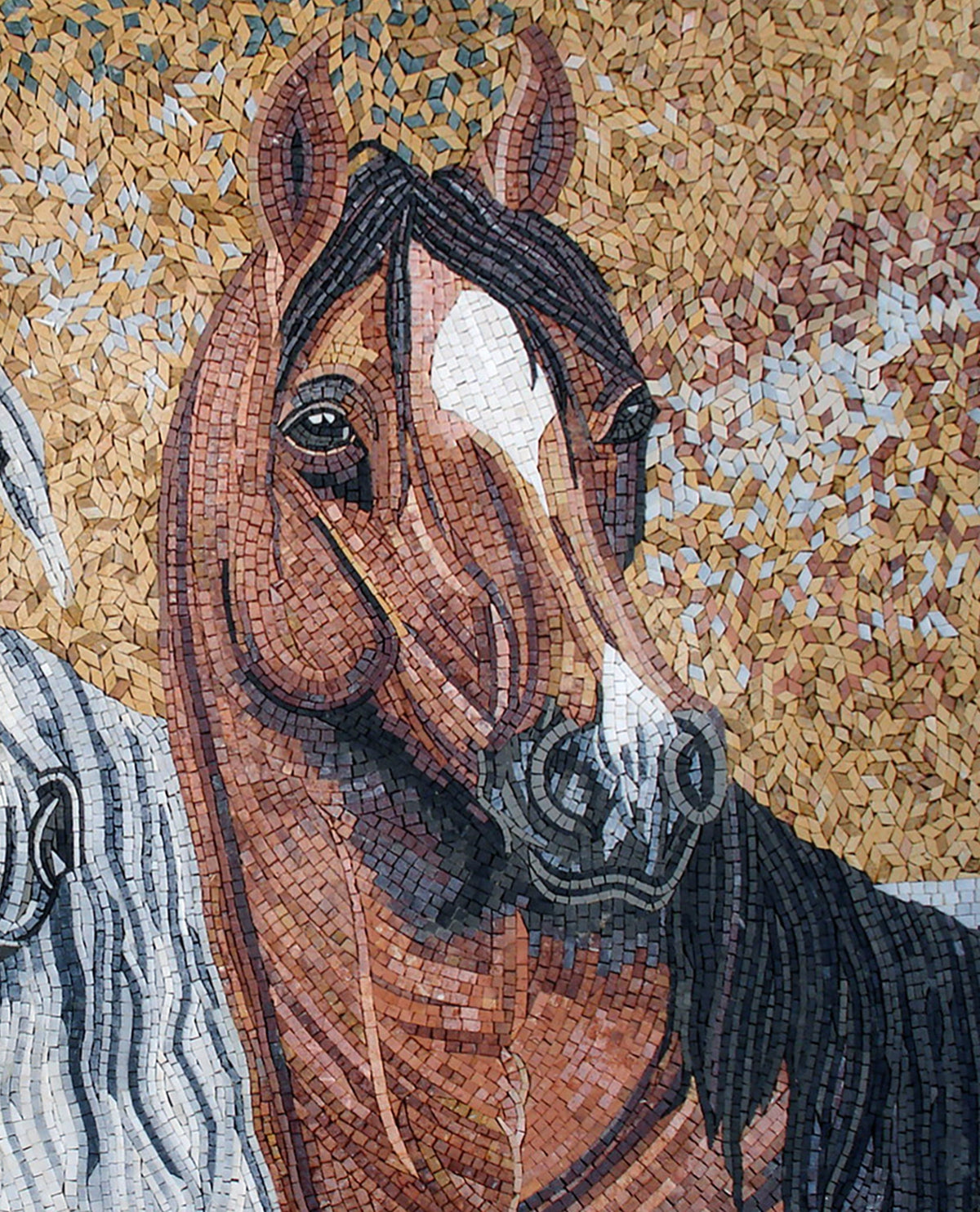 Handmade Horse Mosaic Tile Art: Brown & White Marble (40x28)