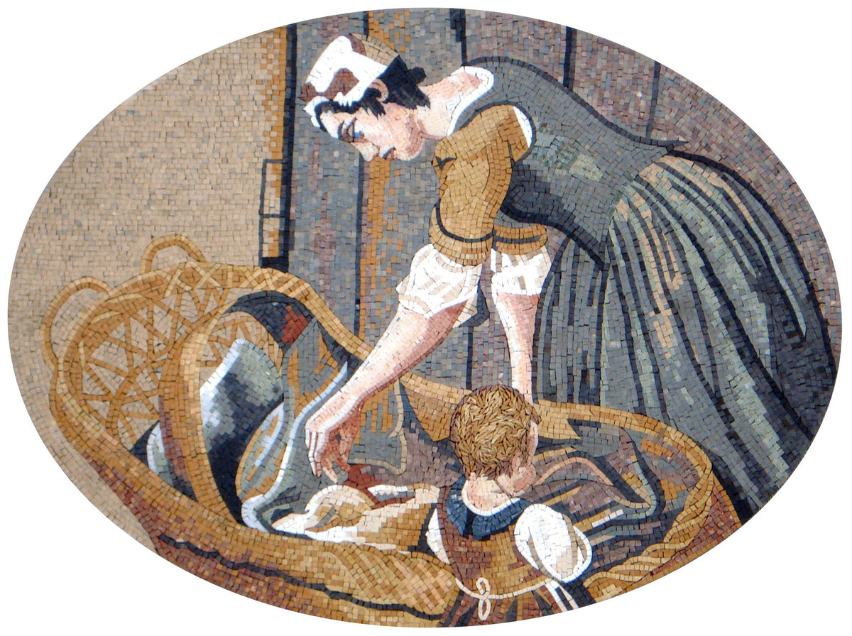 Johannes Weiland Mosaic Mural: Old Maid Reproduction, Marble Stone Tiles