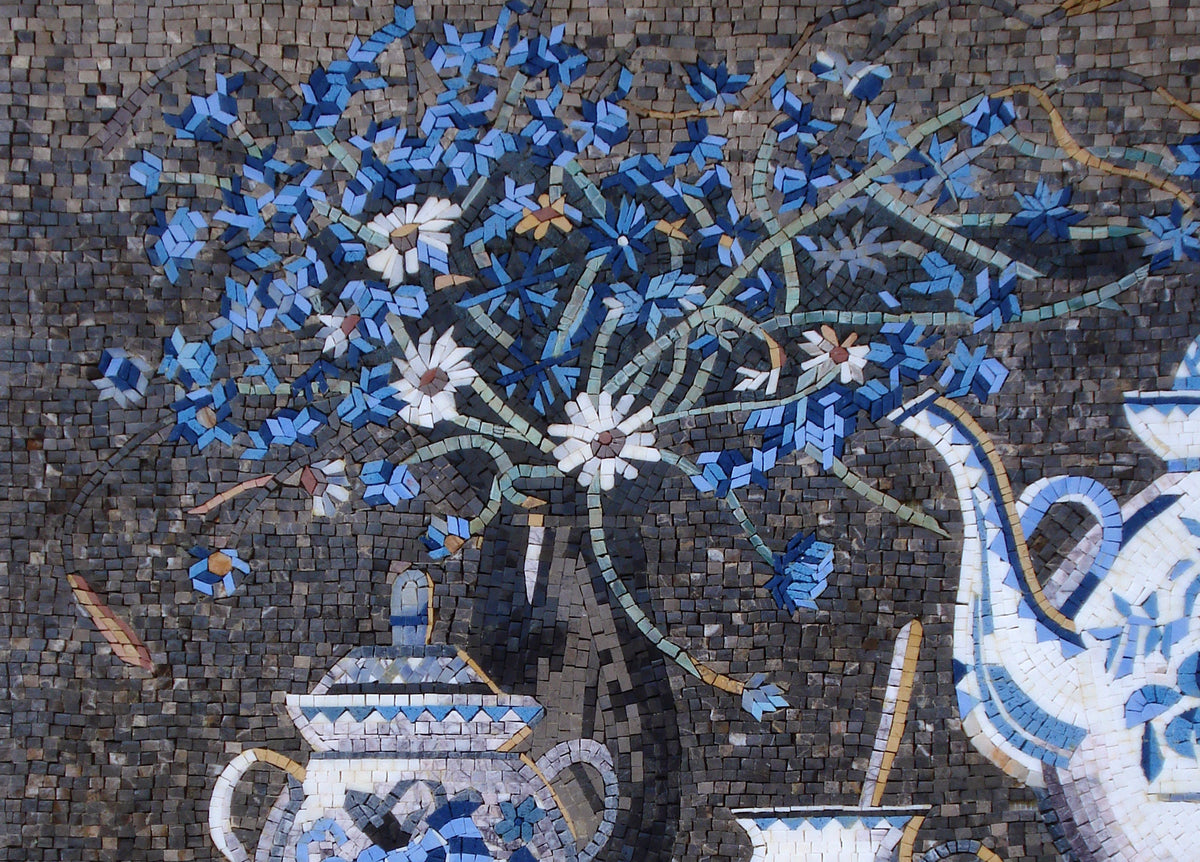 Blue Teapot Mosaic Art: Handmade Kitchen Backsplash Tiles (44” x 32")
