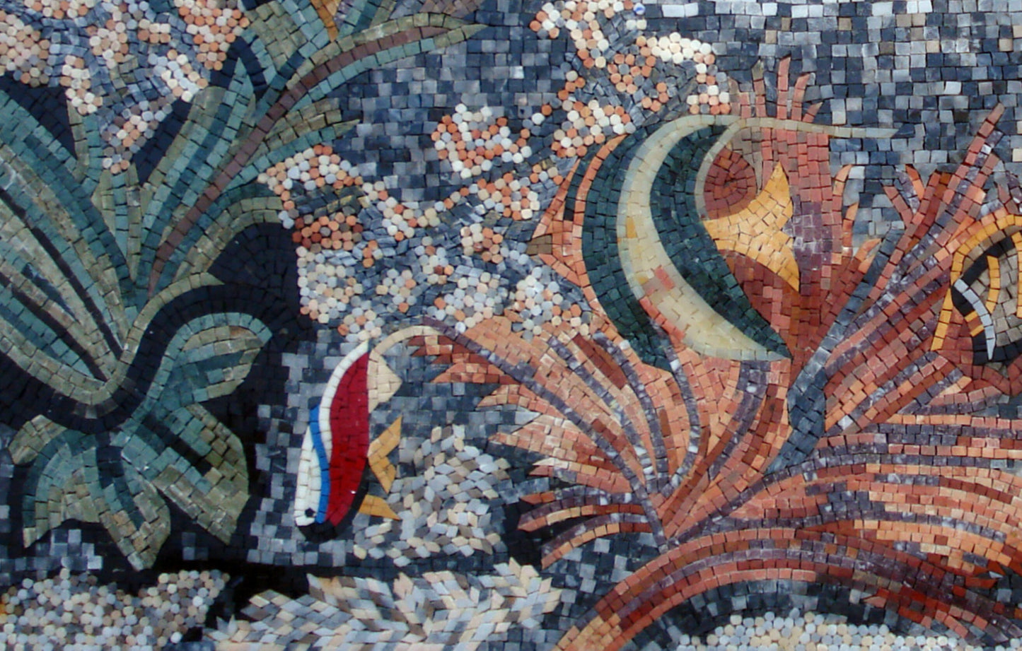 Handmade Dolphin Mosaic Mural: Coral Reef Marble Wall Art (52” x 34")