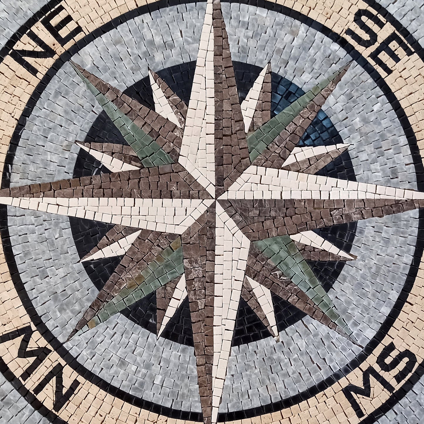 Handmade Nautical Compass Mosaic Tile: Marble Windrose Medallion (32" Diameter)