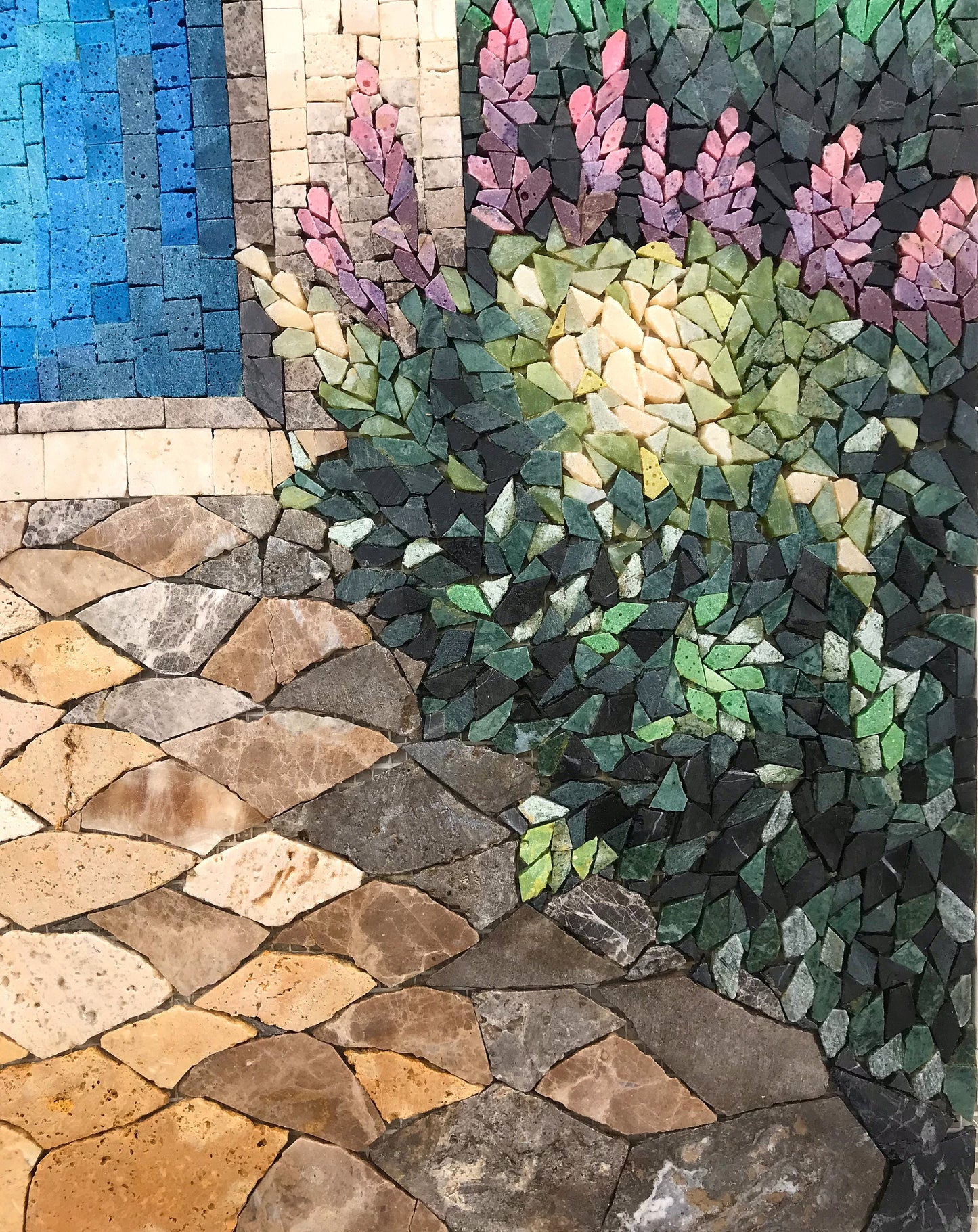 Handmade Stone Mosaic Wall Art: Blue Door, Botanical Garden