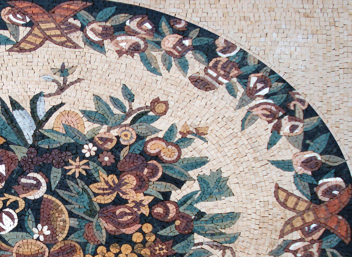 Floral Mosaic Rug: Handmade Marble Stone Art (48” x 36")
