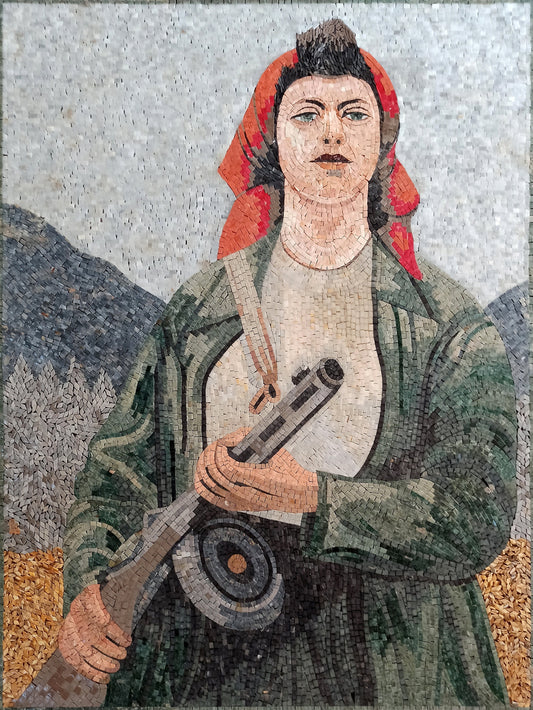 Hunter Woman Portrait Mosaic Tile Mural: Handmade Stone Art