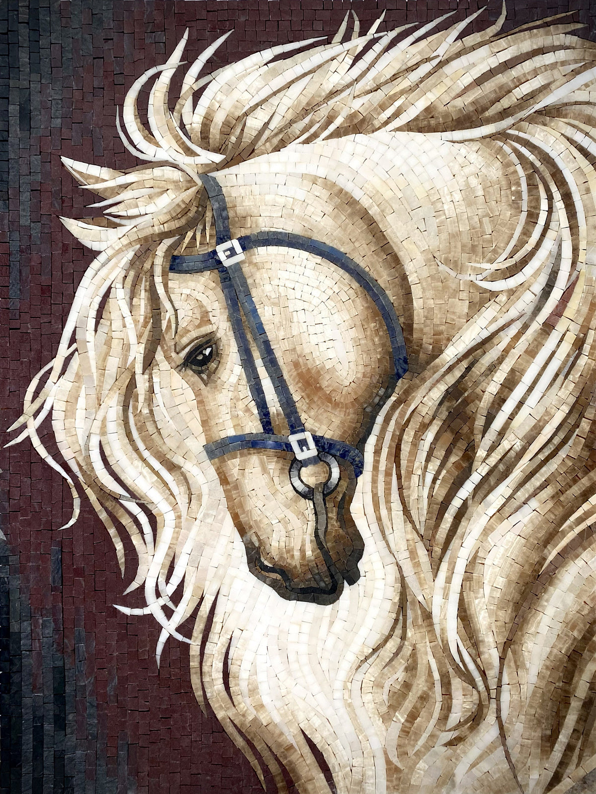 Handmade Horse Mosaic Tile Art: Marble Animal Mural (32” x 24”)