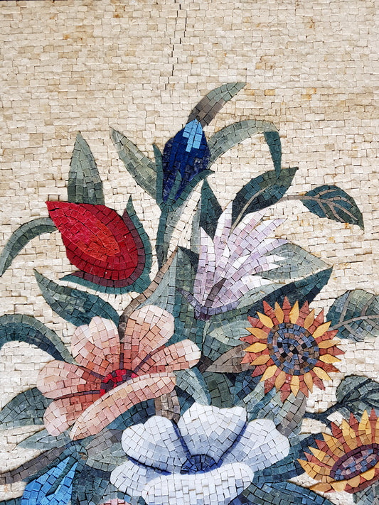 Handmade Floral Mosaic Tile Art: Sunflower & Roses Bouquet