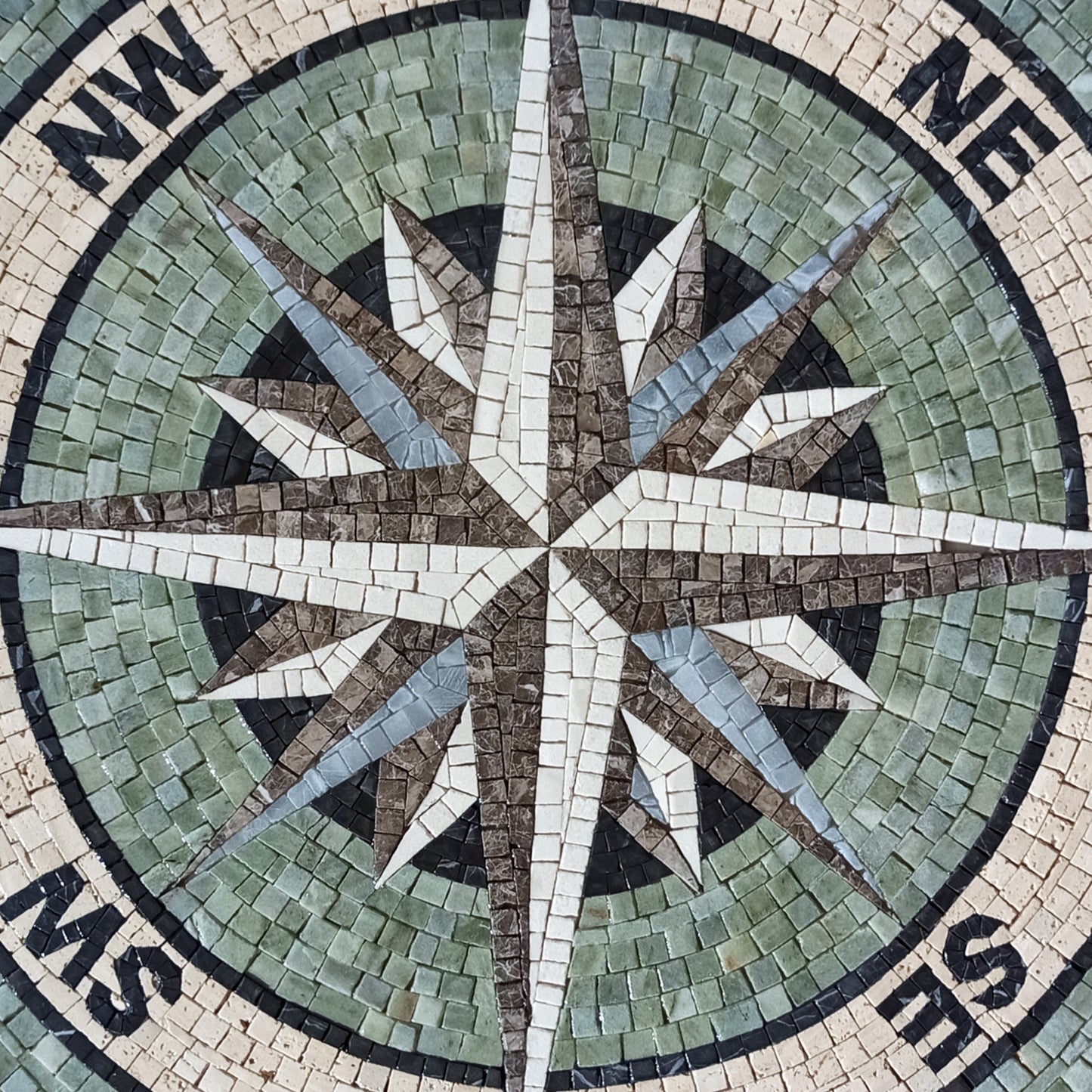 48" Handmade Nautical Compass Mosaic Tile – Marble Medallion for Floor & Wall - Customization Available