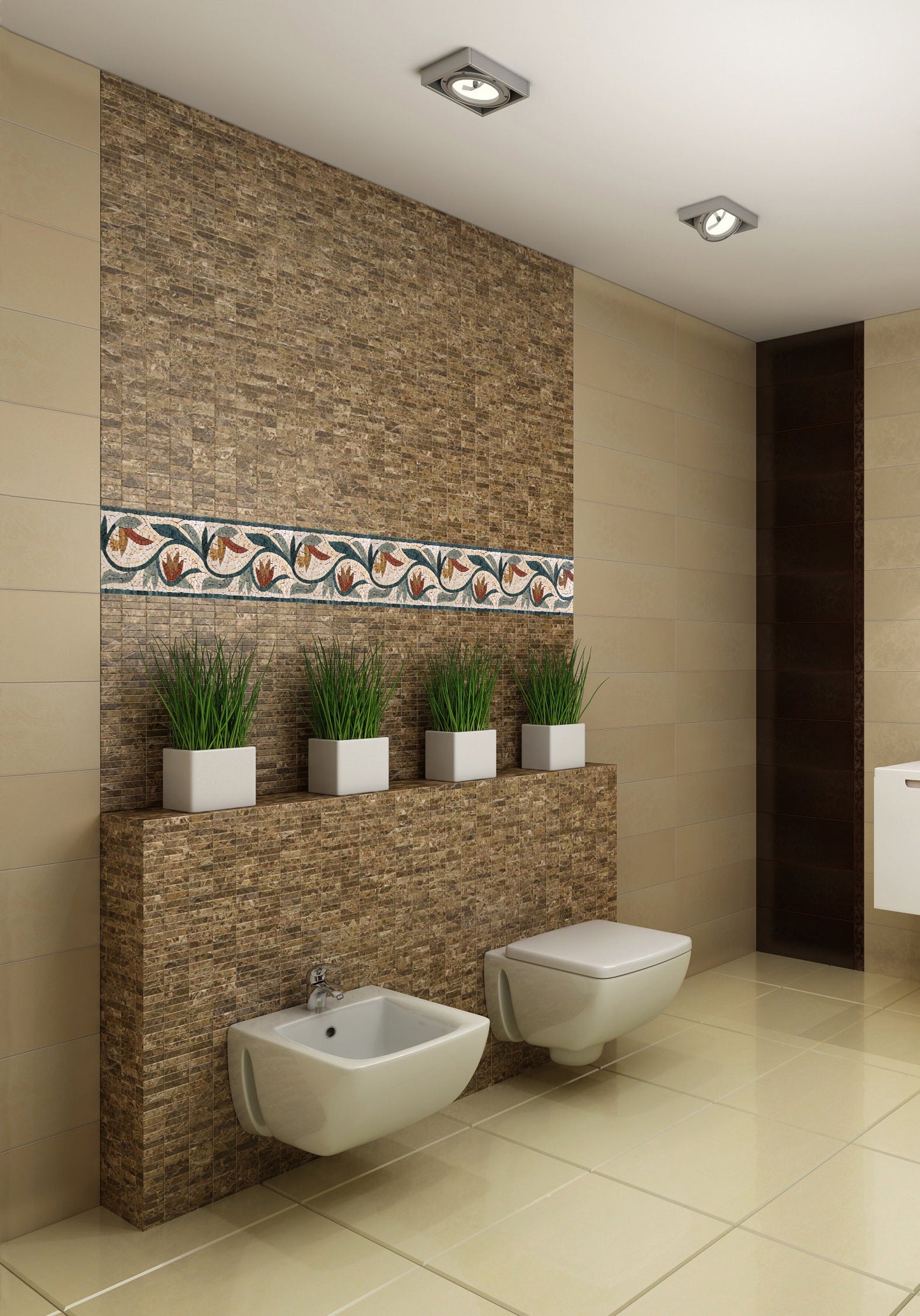 Botanical Mosaic Border: Floral Marble Tile, Bathroom Wall Decor (8"x40")