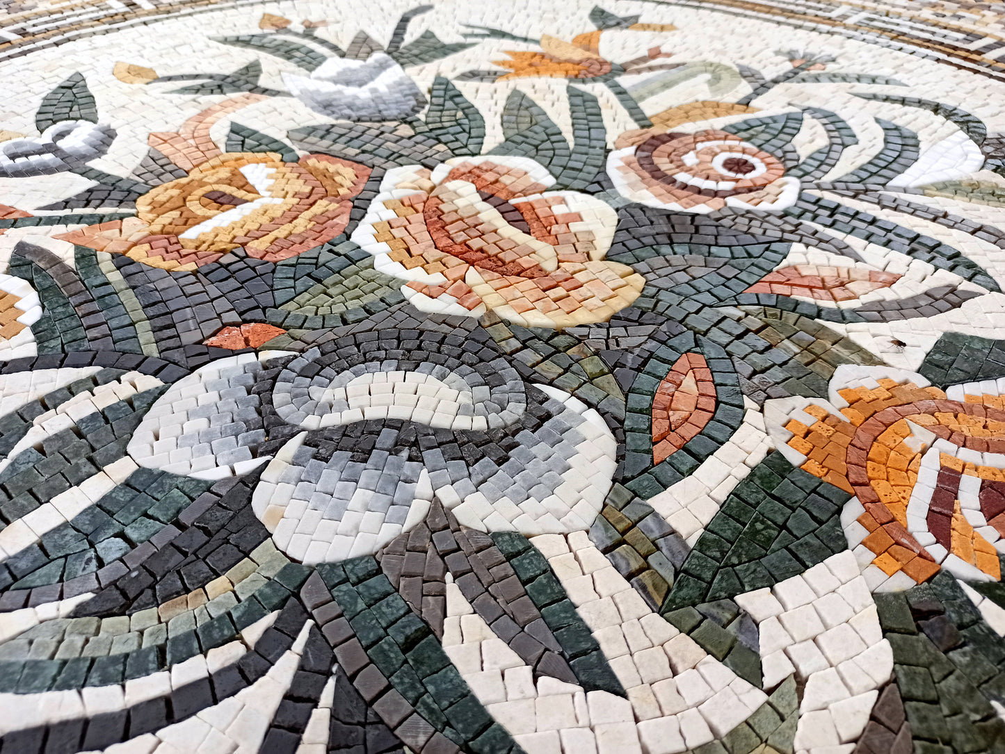 Handmade Marble Mosaic Tile: Colorful Roses, Greek Key Border (40x40)