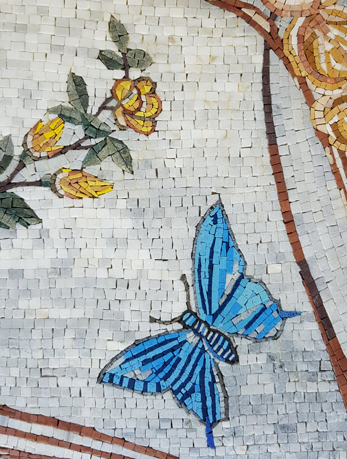Handmade Marble Mosaic Wall Art: Yellow Roses and Butterfly