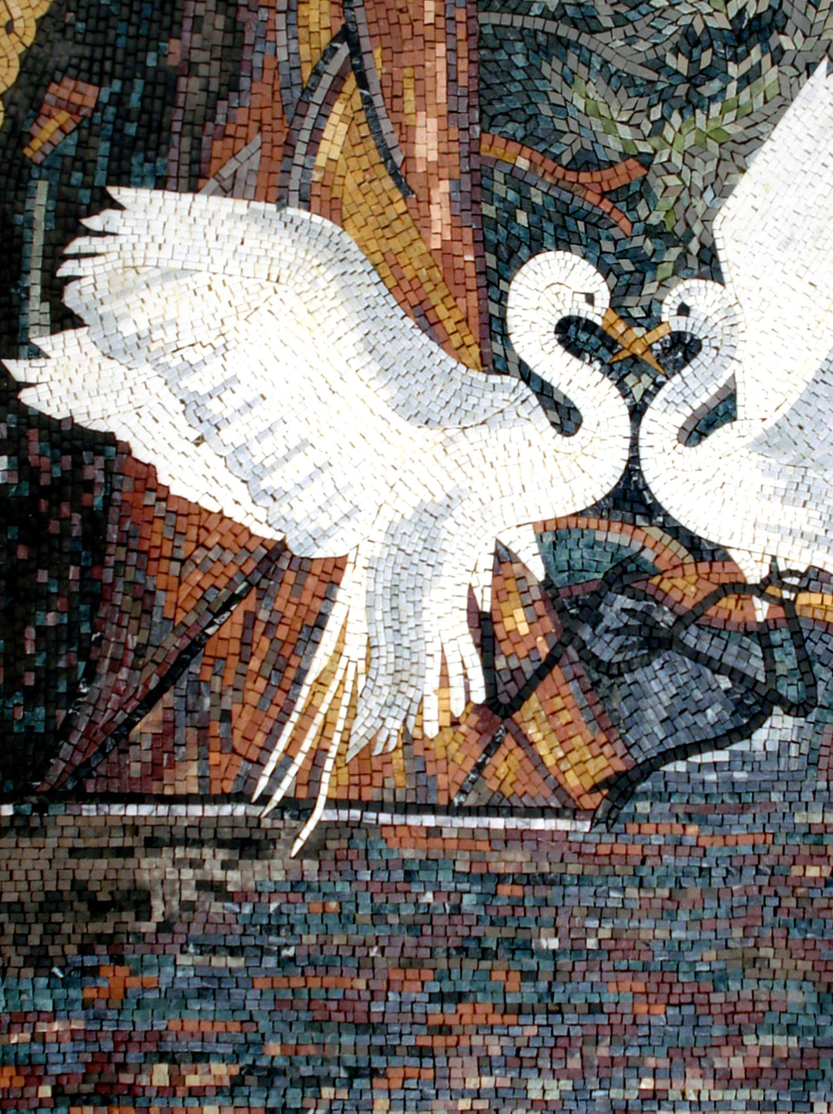 Sparring Cranes Mosaic Tile Art: Handmade Marble Wall Decor (50” x 40")