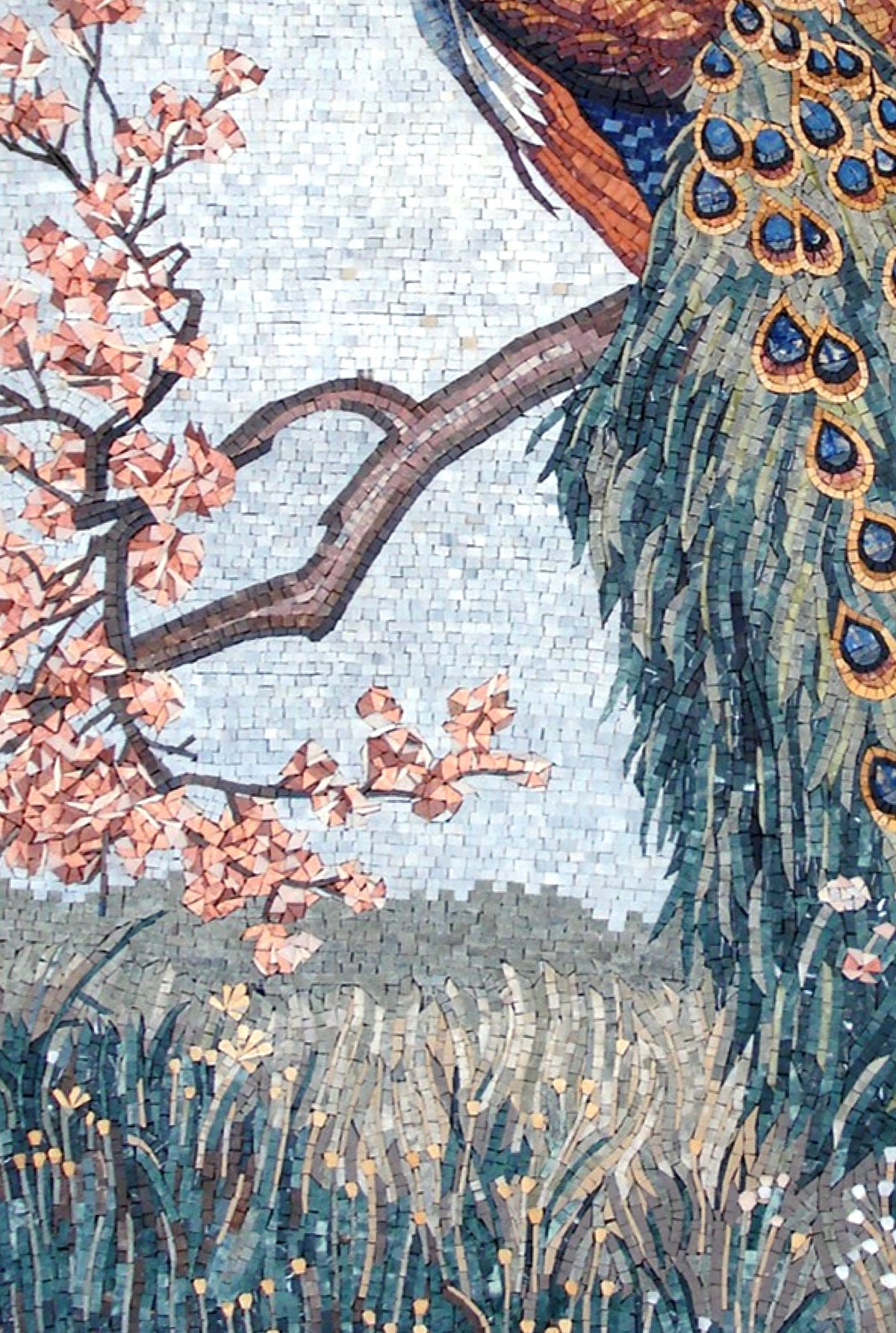 Handmade Peacock Mosaic Tile Art: Cherry Blossom Tree, 64x48"