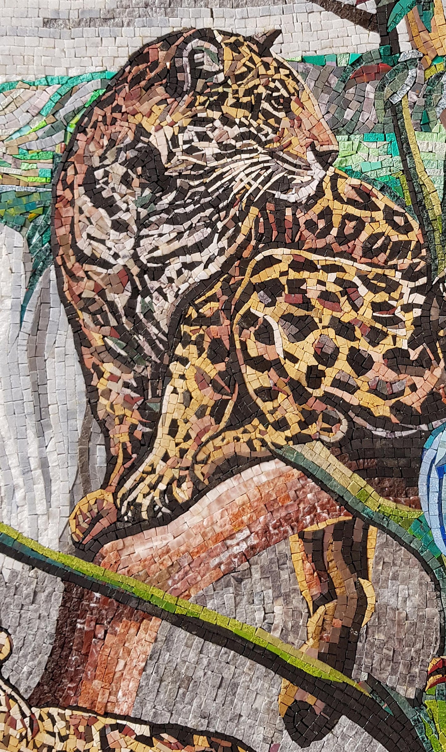 52"x40" Jungle Mosaic Wall Art – Handmade Marble Tile Artwork Featuring Parrots and Tiger, Customization available