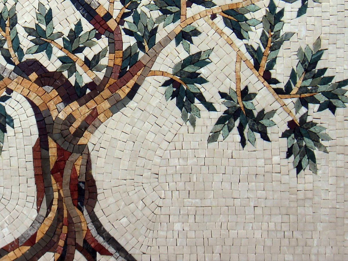 Olive Tree Mosaic Art Tile: Handmade Roman Medallion (32” x 24”)