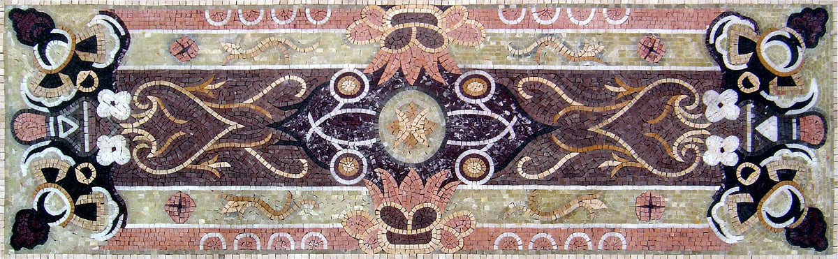 Handmade Floral Marble Mosaic Rug: Rectangle Stone Carpet (90” x 28”)