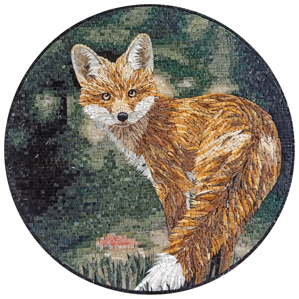 Handmade Fox Mosaic Tile Art: Round Marble Medallion (32" Diameter)