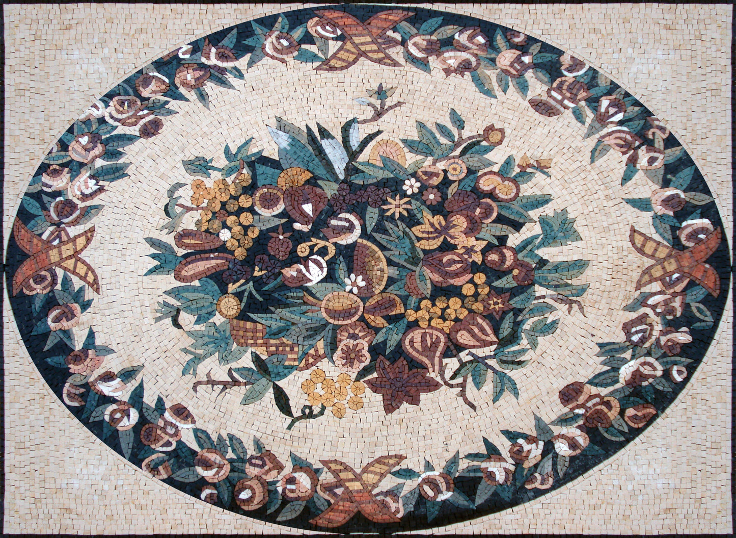 Floral Mosaic Rug: Handmade Marble Stone Art (48” x 36")