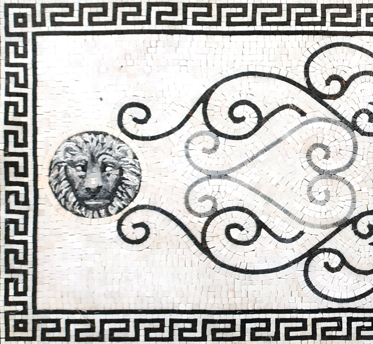 Handmade Marble Mosaic Rug: Black & White Floral Medallion (74” x 32")