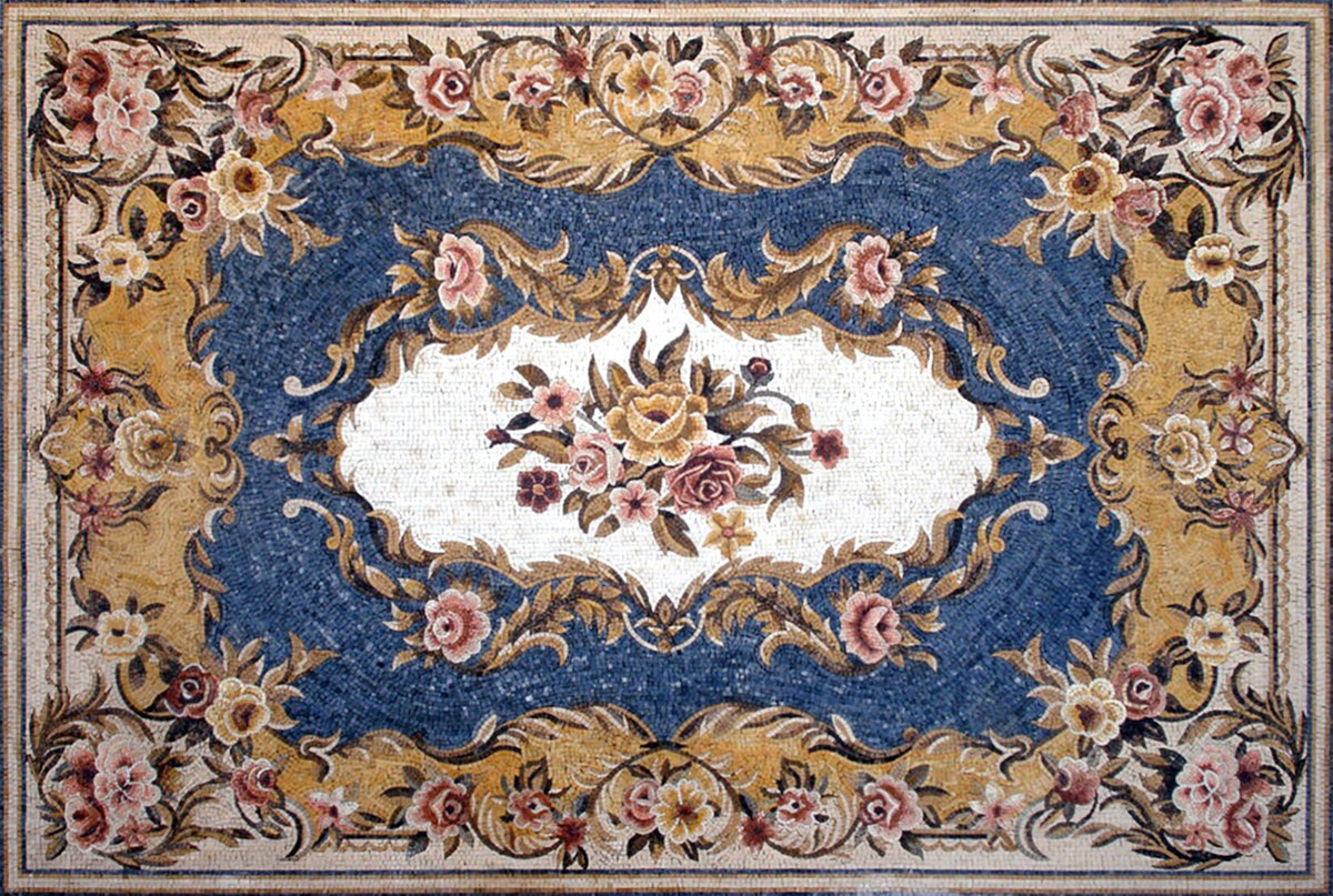 Handmade Marble Stone Mosaic Rug: Floral Art Decor (72” x 48”)