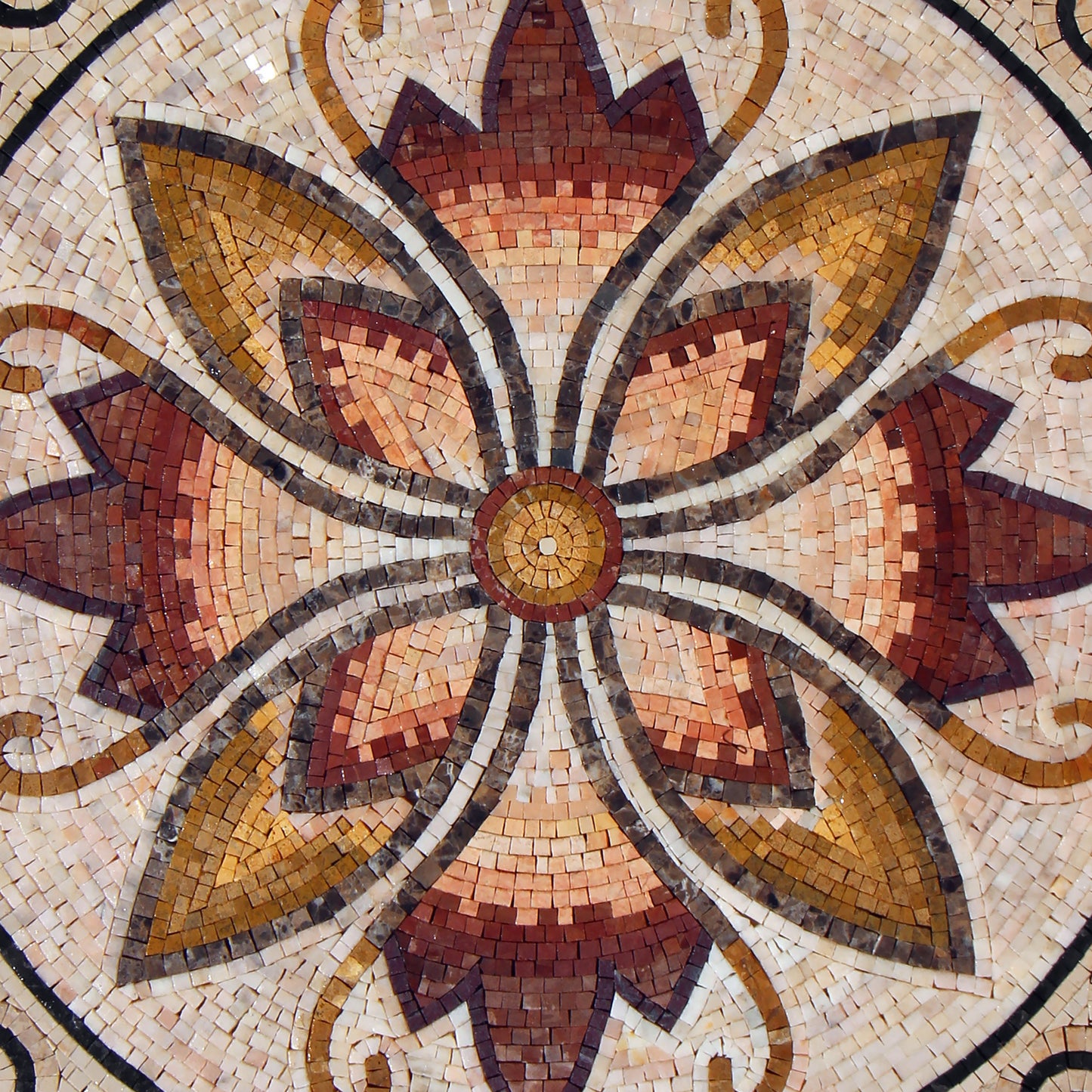 Fiery Blossom: Greek Wave Border Mosaic Medallion with Floral Elegance - Customization available