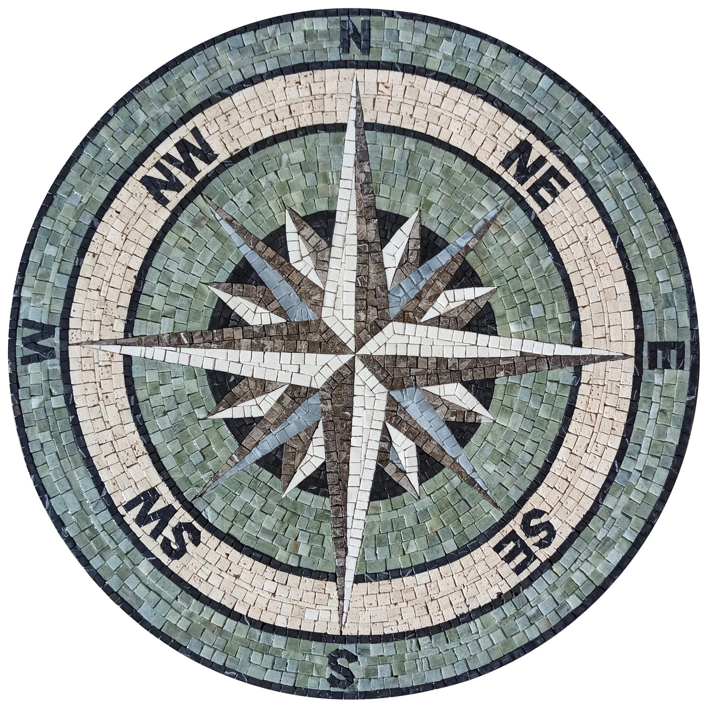 Green Compass Rose Marble Mosaic Medallion - Nautical Art Tile