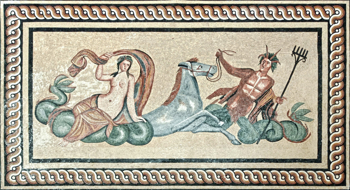 Handmade Nereid & Hippocamp Mosaic Tile Art: Italian Backsplash (66” x 36”)