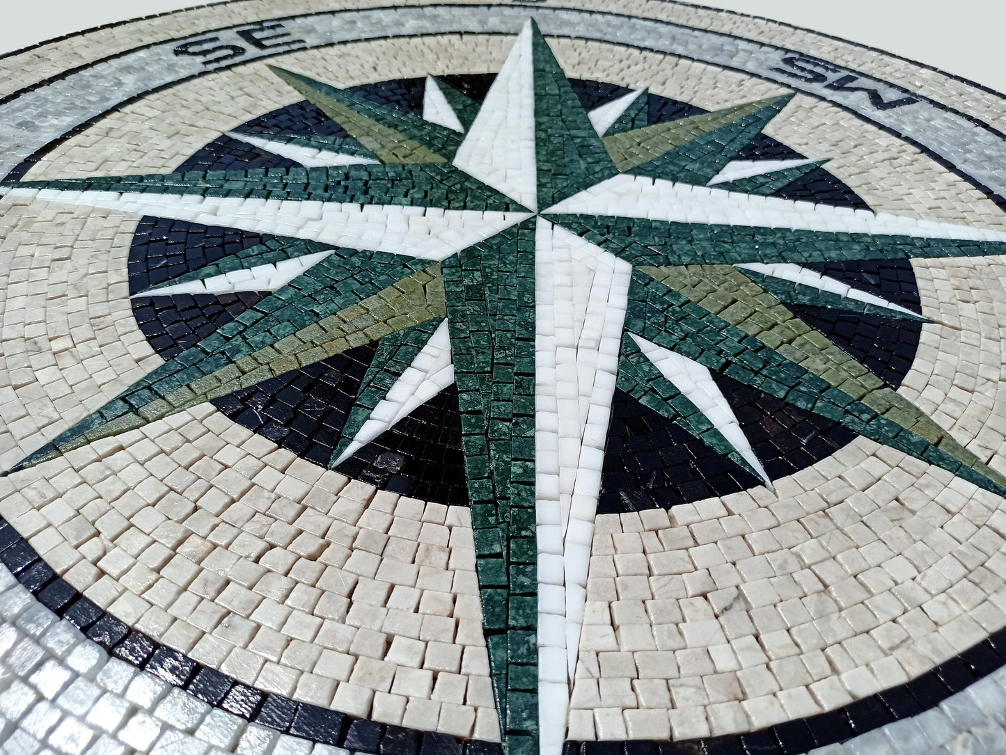 Handmade Marble Mosaic Medallion: Nautical Compass Rose, Green & White (32" Diameter)