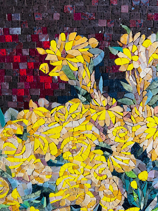 28"x24" Red & Yellow Flower Mosaic Wall Art – Vibrant Floral Home Decor, Customization Available