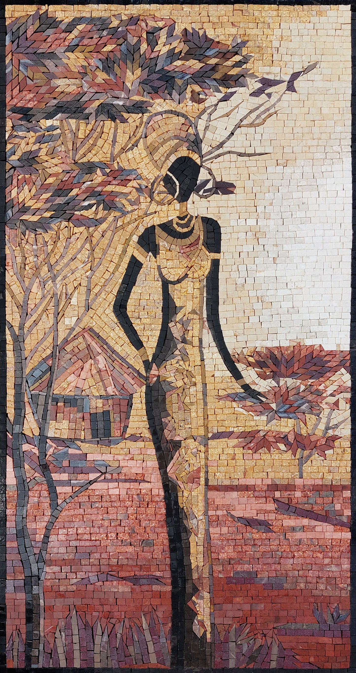 Handmade Farmer Woman Mosaic Tile Art: 32" x 16" Marble Stone