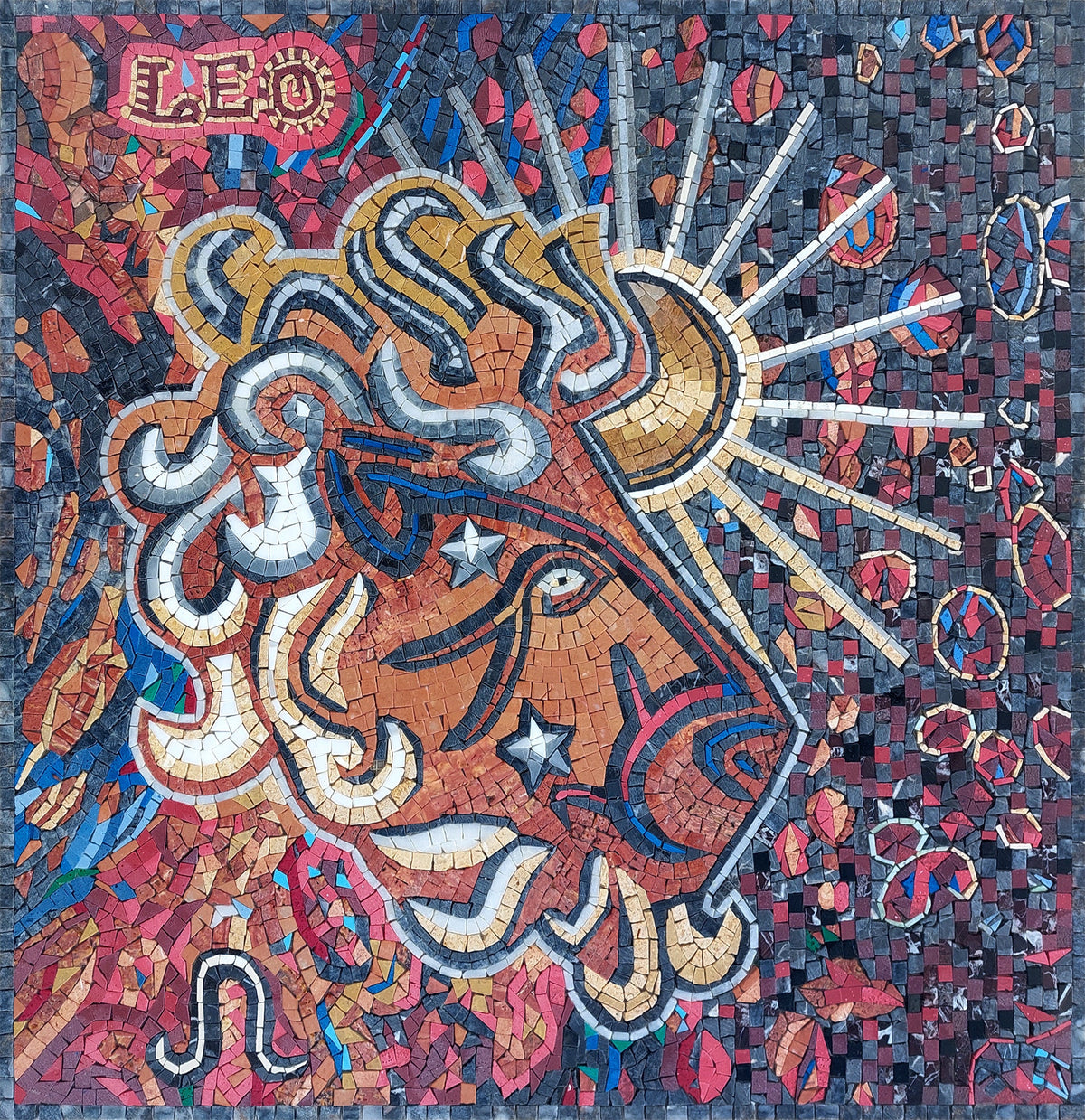 Handmade Leo Zodiac Mosaic Tile Art: Marble Stone Wall Decor (30x30")