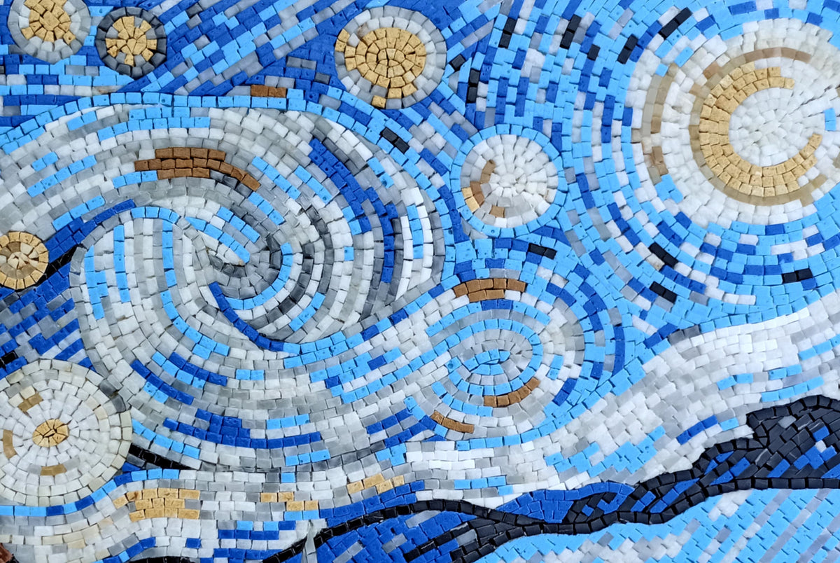 Van Gogh Starry Night Mosaic Art Tile: Handmade Marble Medallion (30” x 20”)