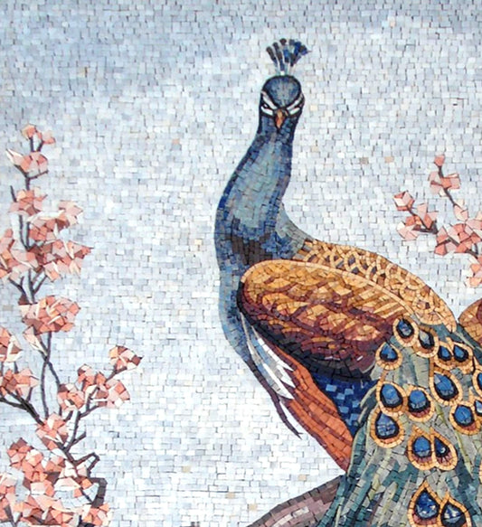 Handmade Peacock Mosaic Tile Art: Cherry Blossom Tree (48” x 36")