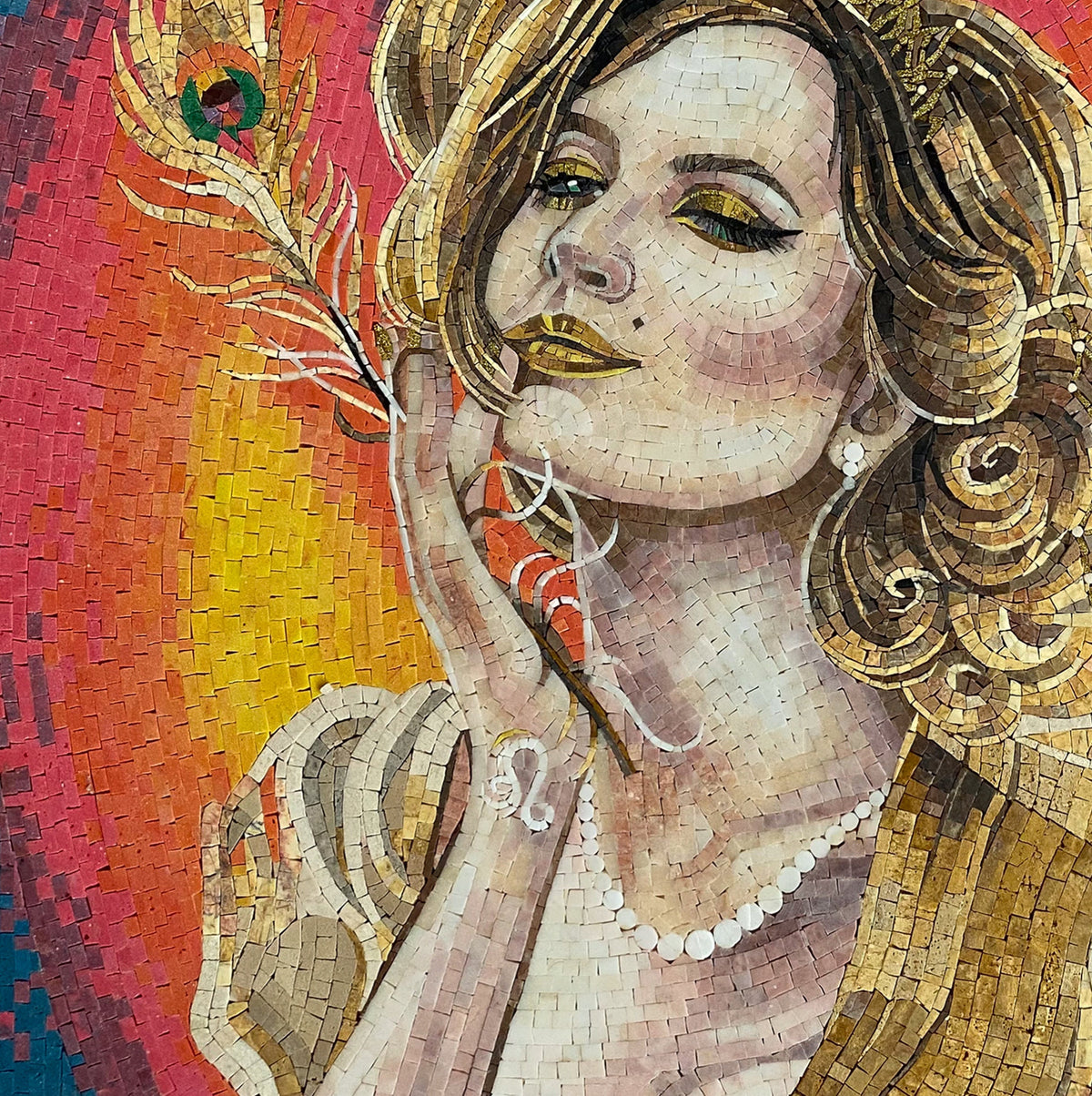 Leo Zodiac Mosaic Tile Art: Woman with Peacock Feather, Handmade