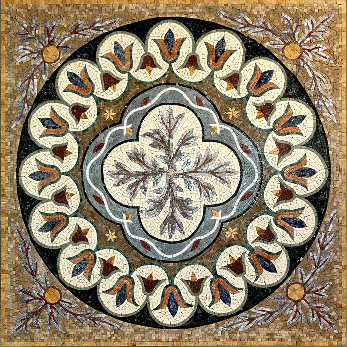 40" Medallion Mosaic Tile: Floral Marble Flooring, Indoor/Outdoor