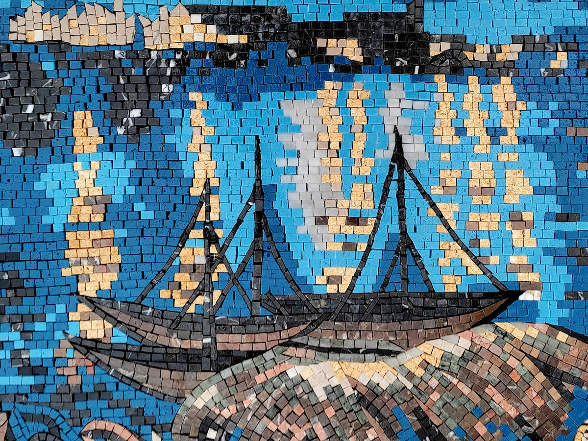 Sailing Boat Mosaic Tile Art: Handmade Marble River Scene (40” x 30")