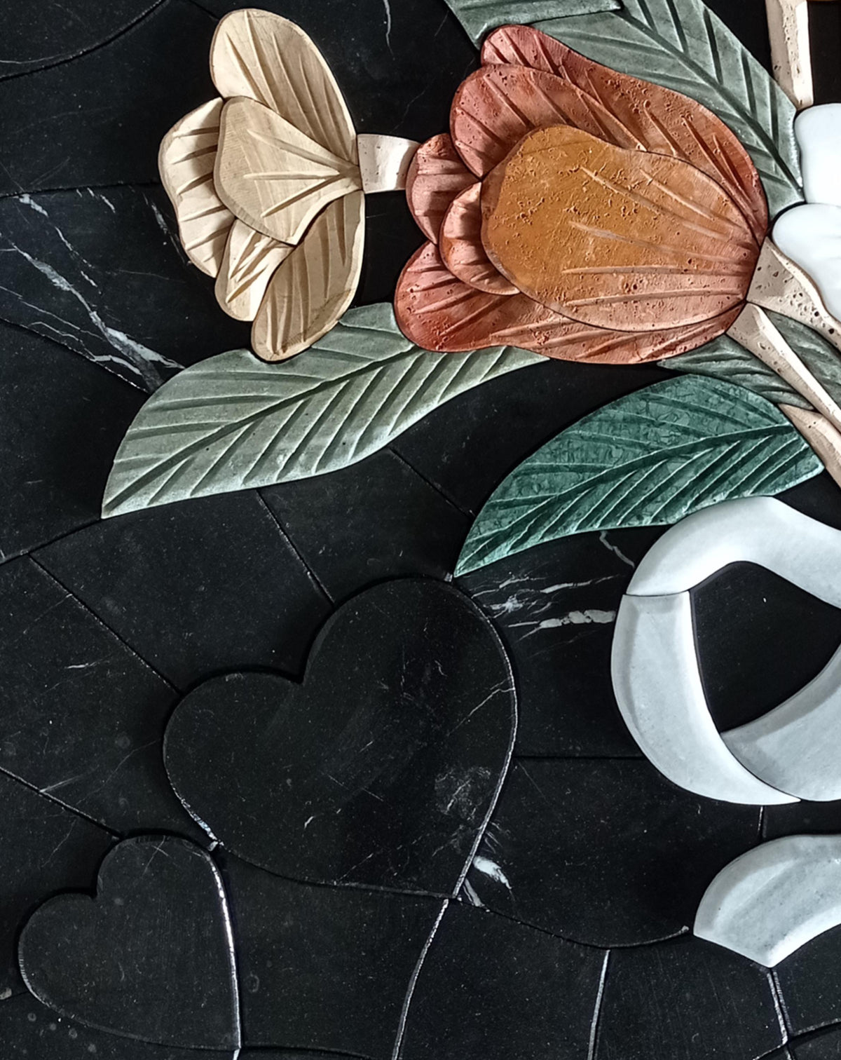 Handmade Marble Mosaic Tile Art: Embossed Floral Wall Decor