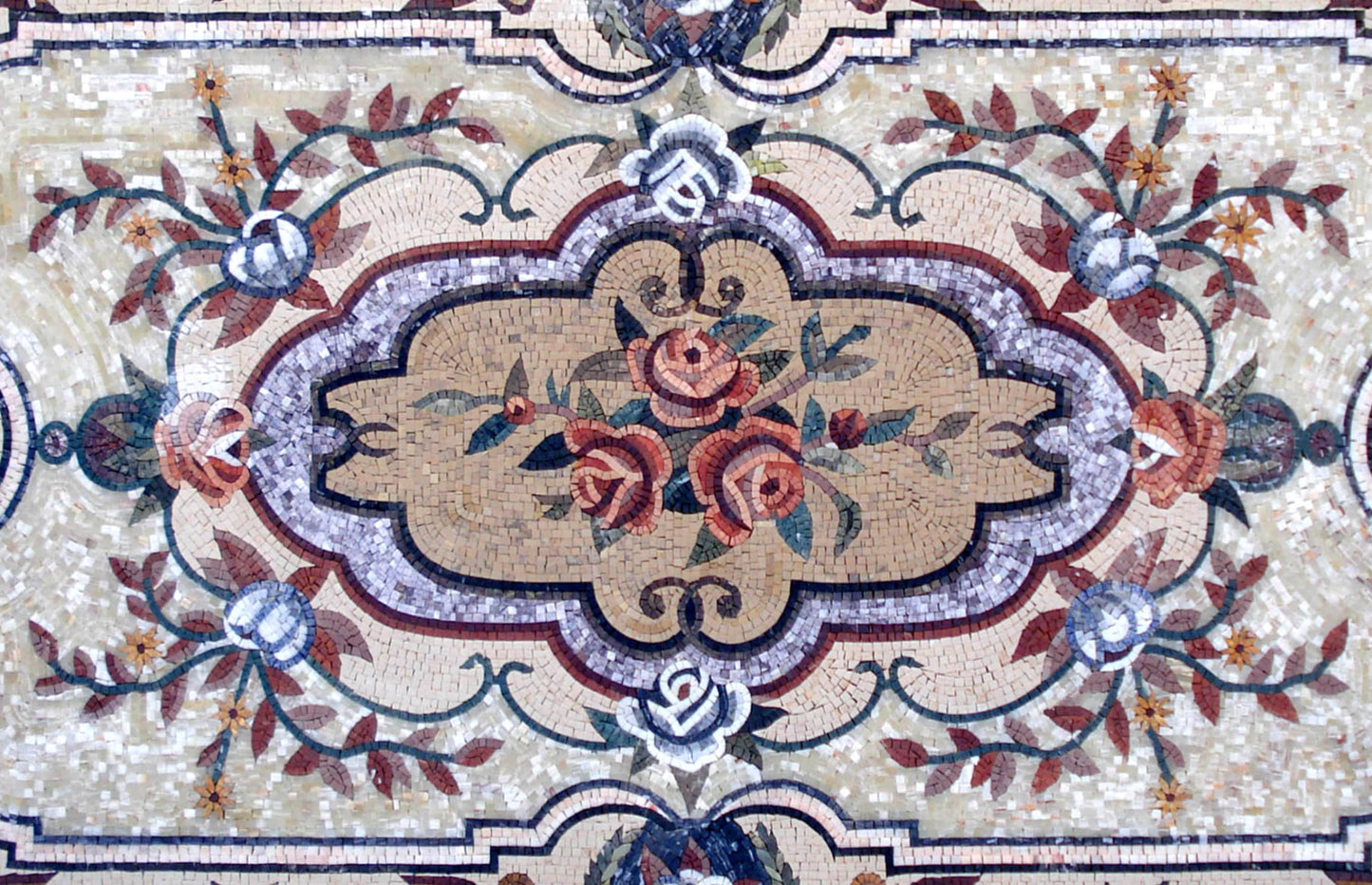 Handmade Marble Mosaic Rug: Floral Medallion Design (96” x 60")