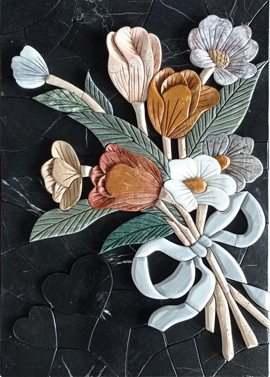 Handmade Marble Mosaic Tile Art: Embossed Floral Wall Decor