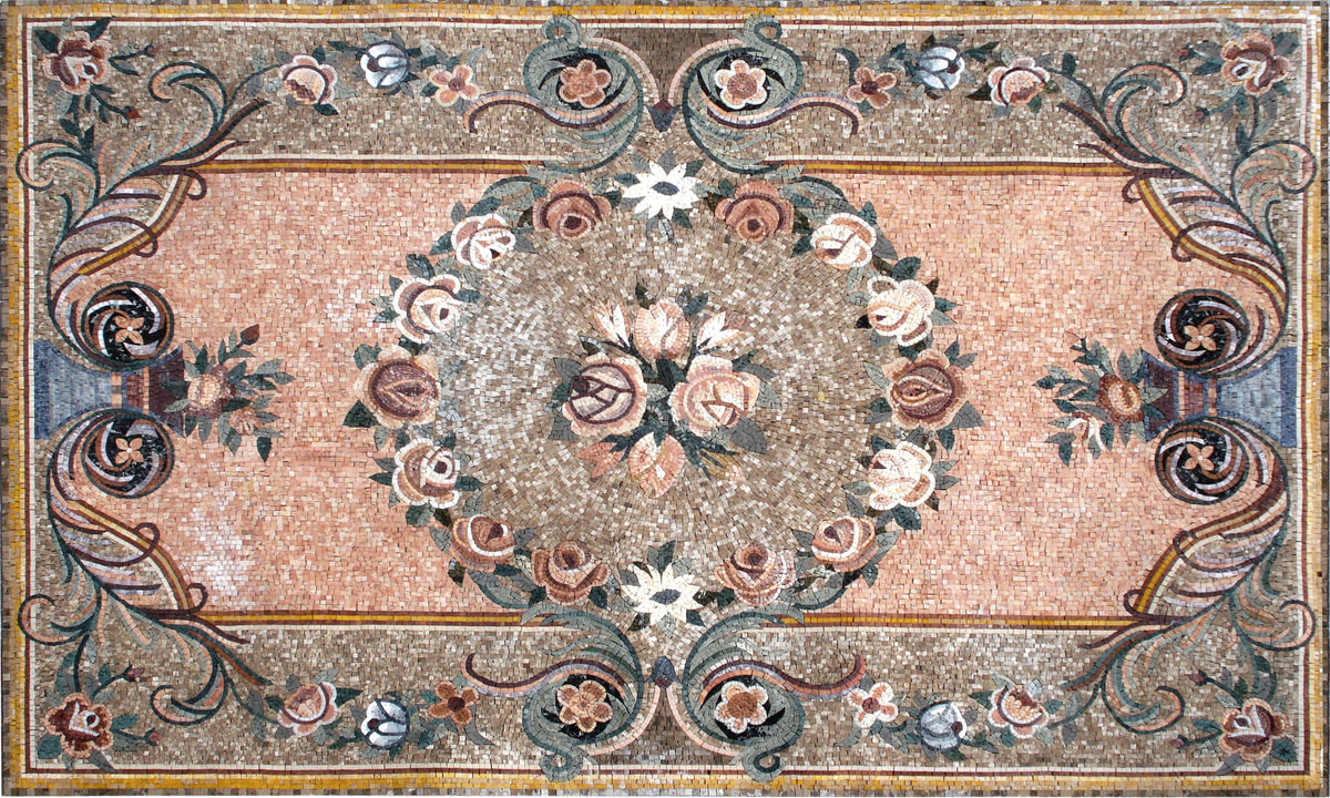 Handmade Marble Mosaic Rug: Floral Stone Tile Art (108” x 72")