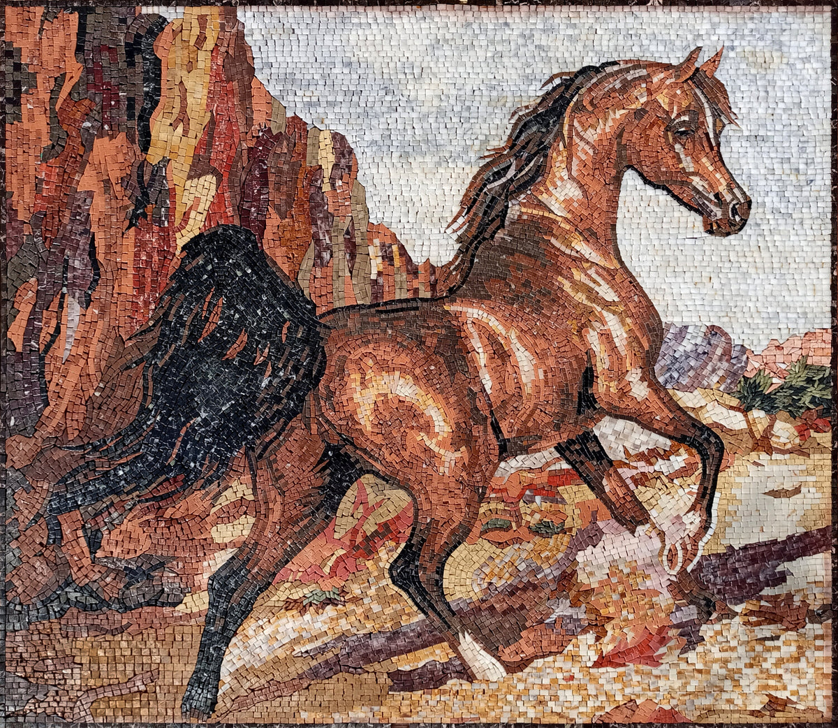 Handmade Horse Mosaic Tile Mural: Western Living Room Wall Art (44” x 44”)