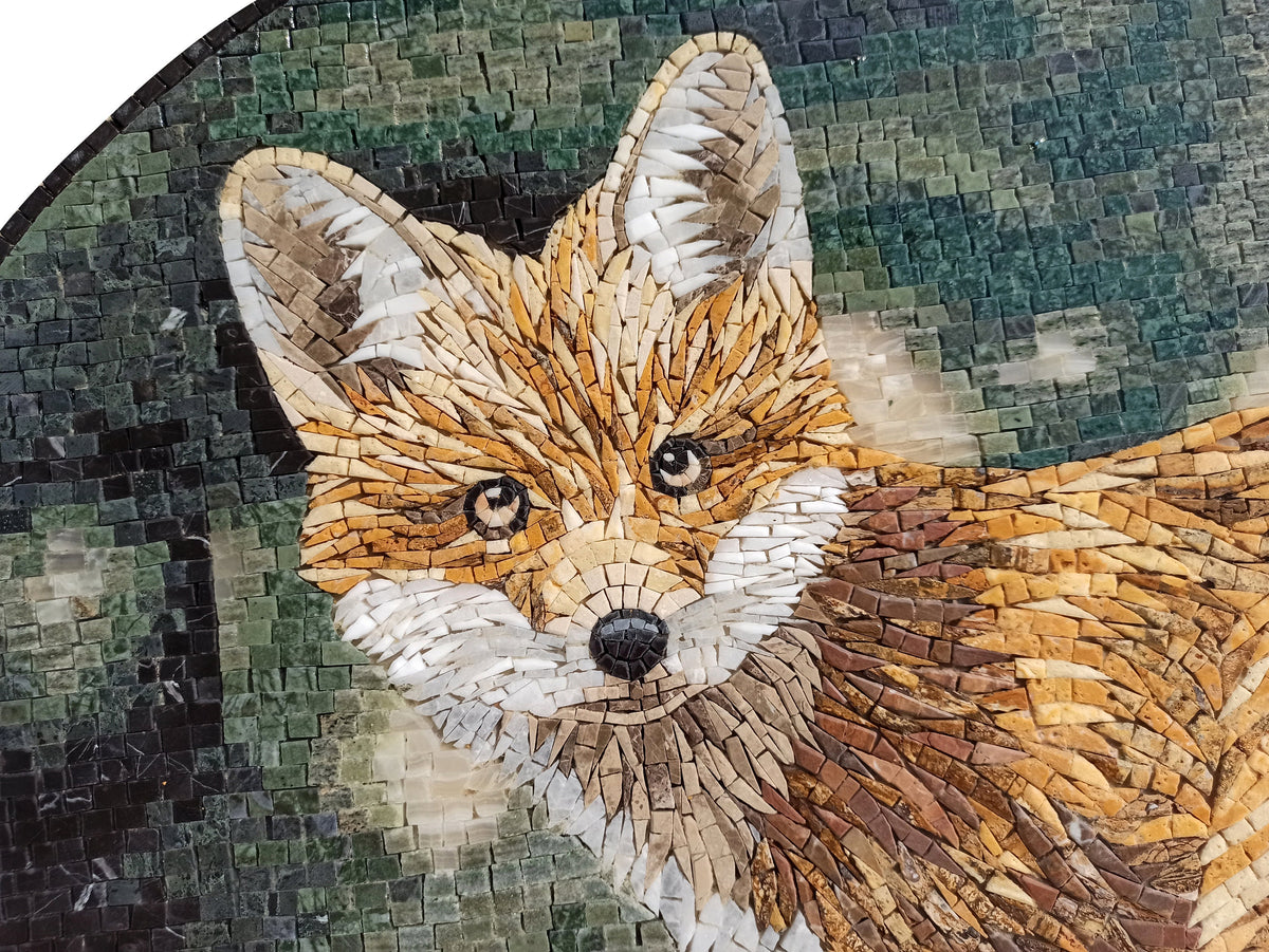 Handmade Fox Mosaic Tile Art: Round Marble Medallion (32" Diameter)