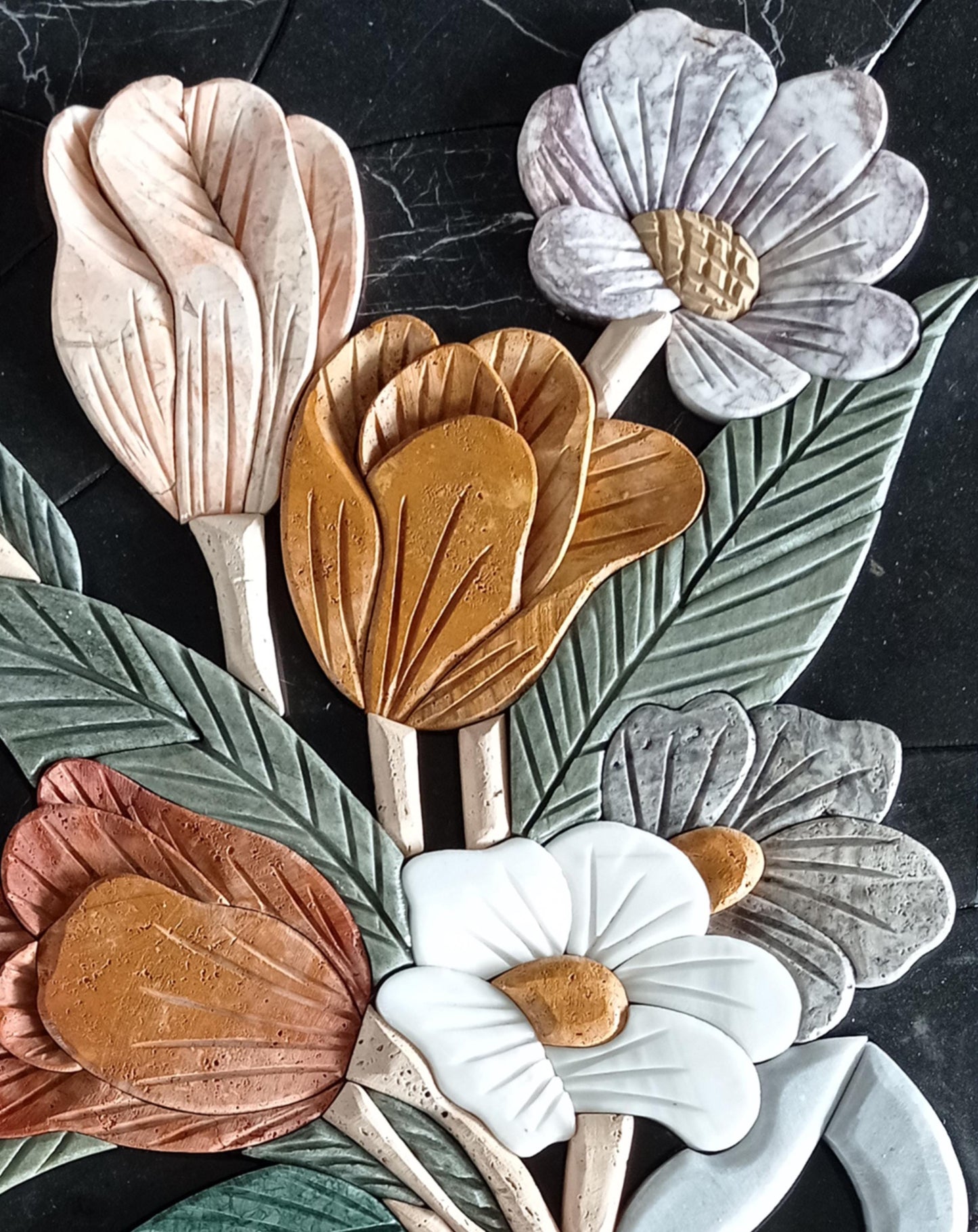 Handmade Marble Mosaic Tile Art: Embossed Floral Wall Decor