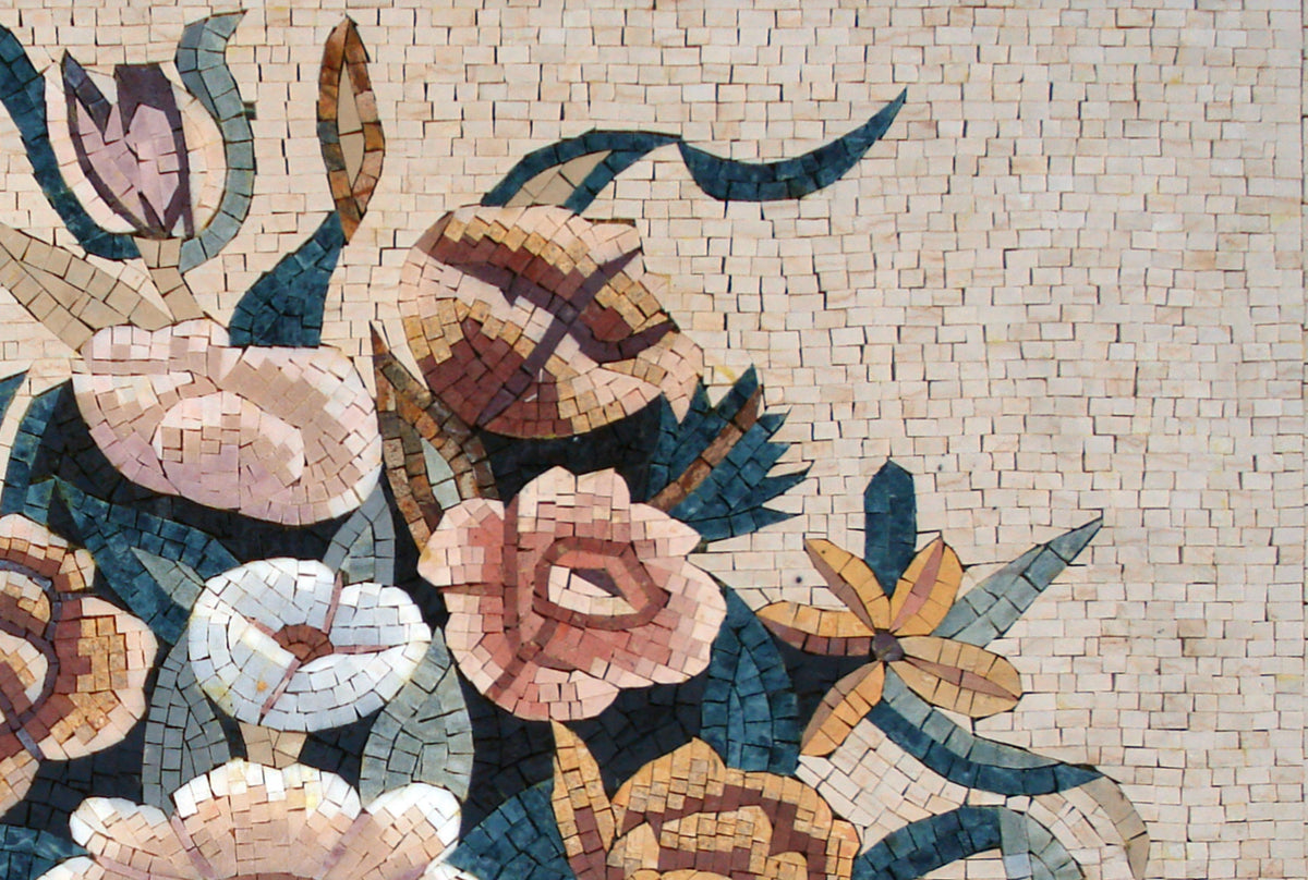 Handmade Marble Mosaic: Floral Bouquet in Vase Wall Art (36"x24")