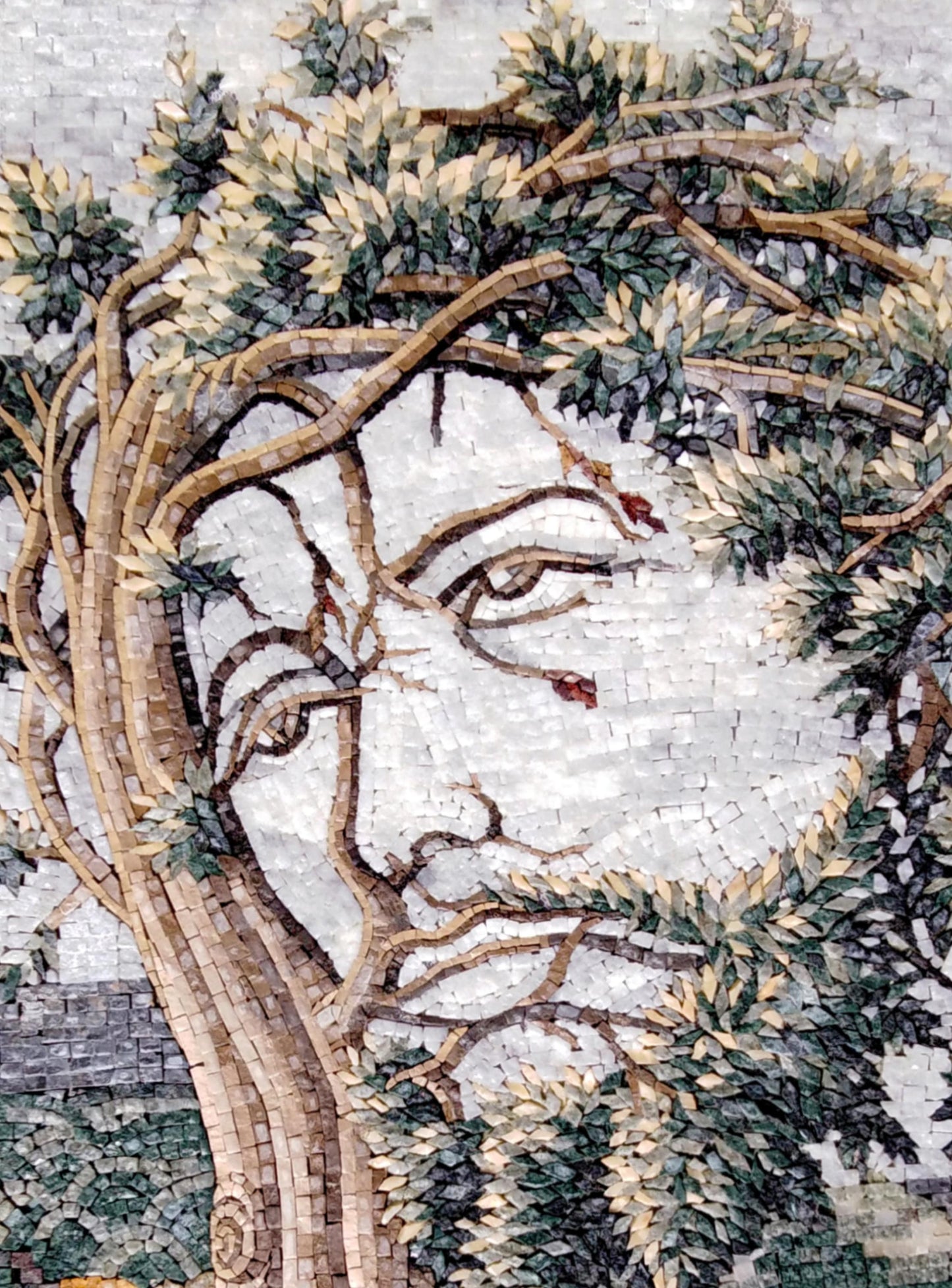 Jesus Face Tree Mosaic Art: Handmade Marble Tile Mural