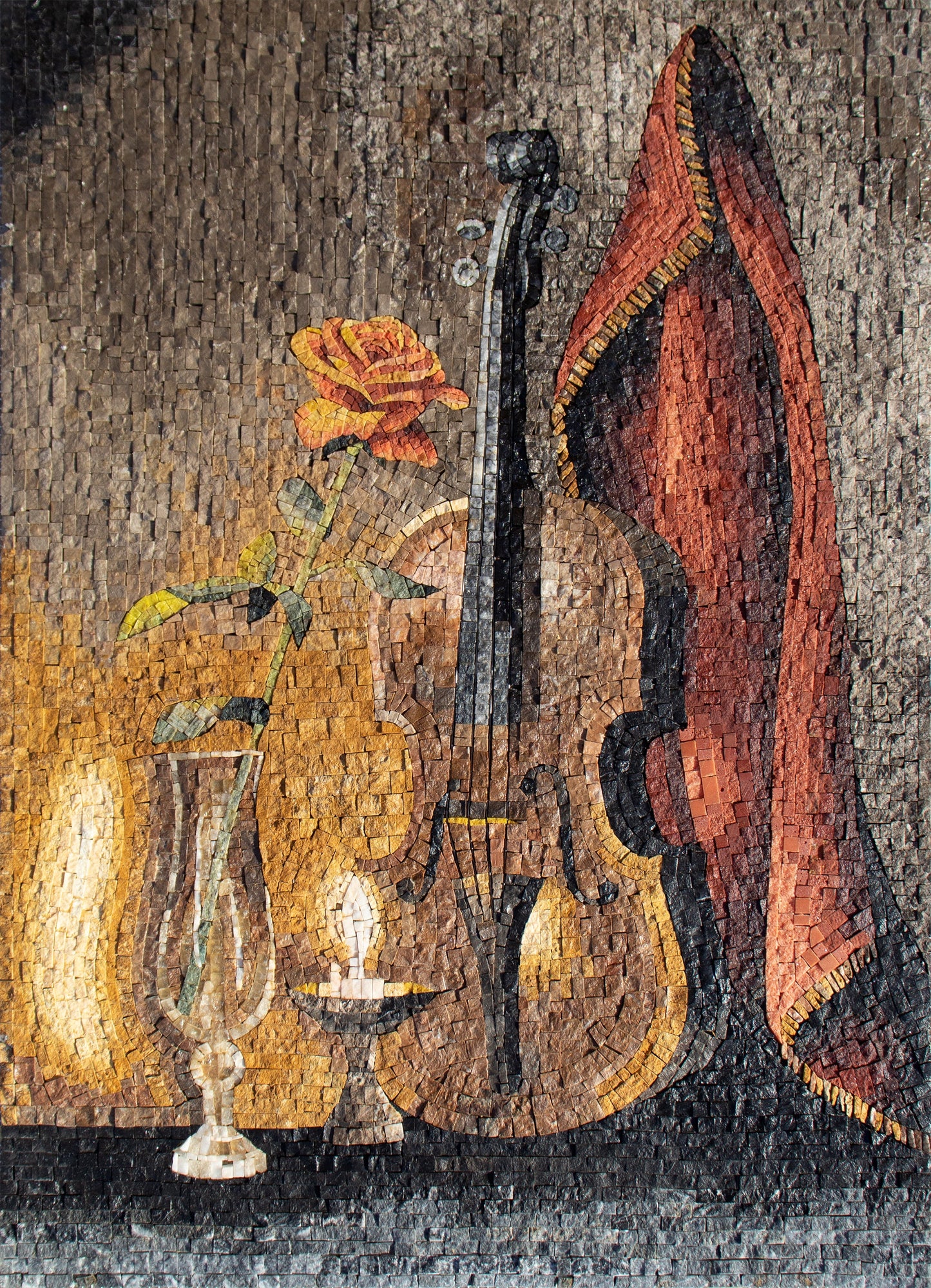 Handmade Violin Mosaic Tile Art: Candlelight Rose Medallion