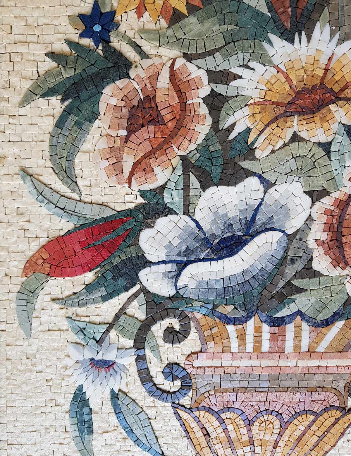 Handmade Marble Mosaic Art: Floral Bouquet in Vase