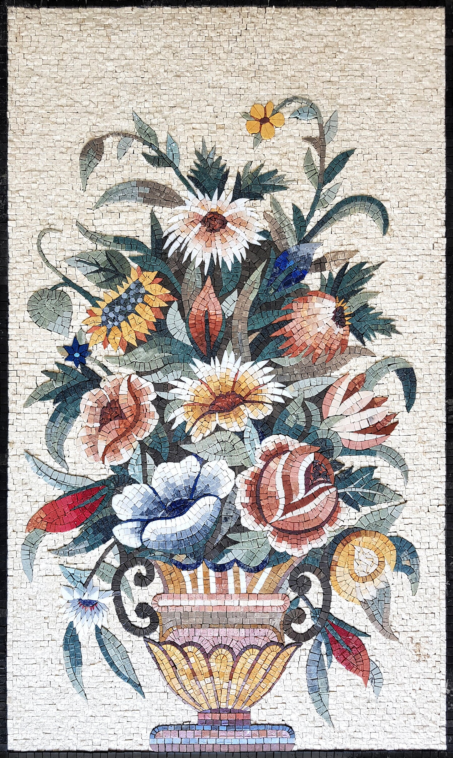 Handmade Marble Mosaic Art: Floral Bouquet in Vase