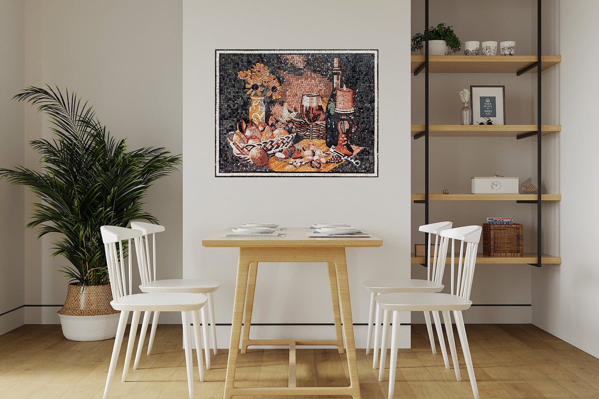 Handmade Still Life Mosaic: Fruit Basket, Sunflower, Candlelit Backsplash