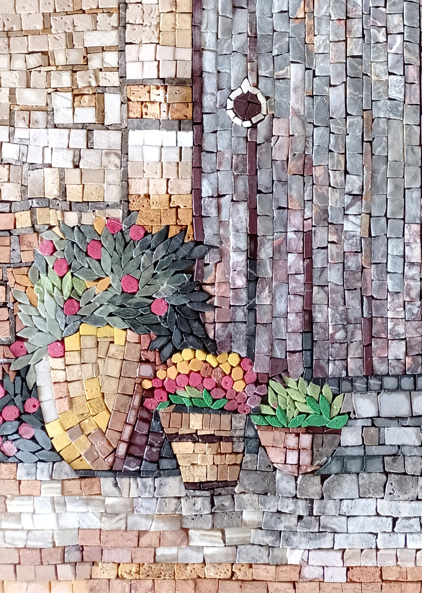 Handmade Floral Mosaic Mural: Stone Art for Garden Decor (40” x 30”)