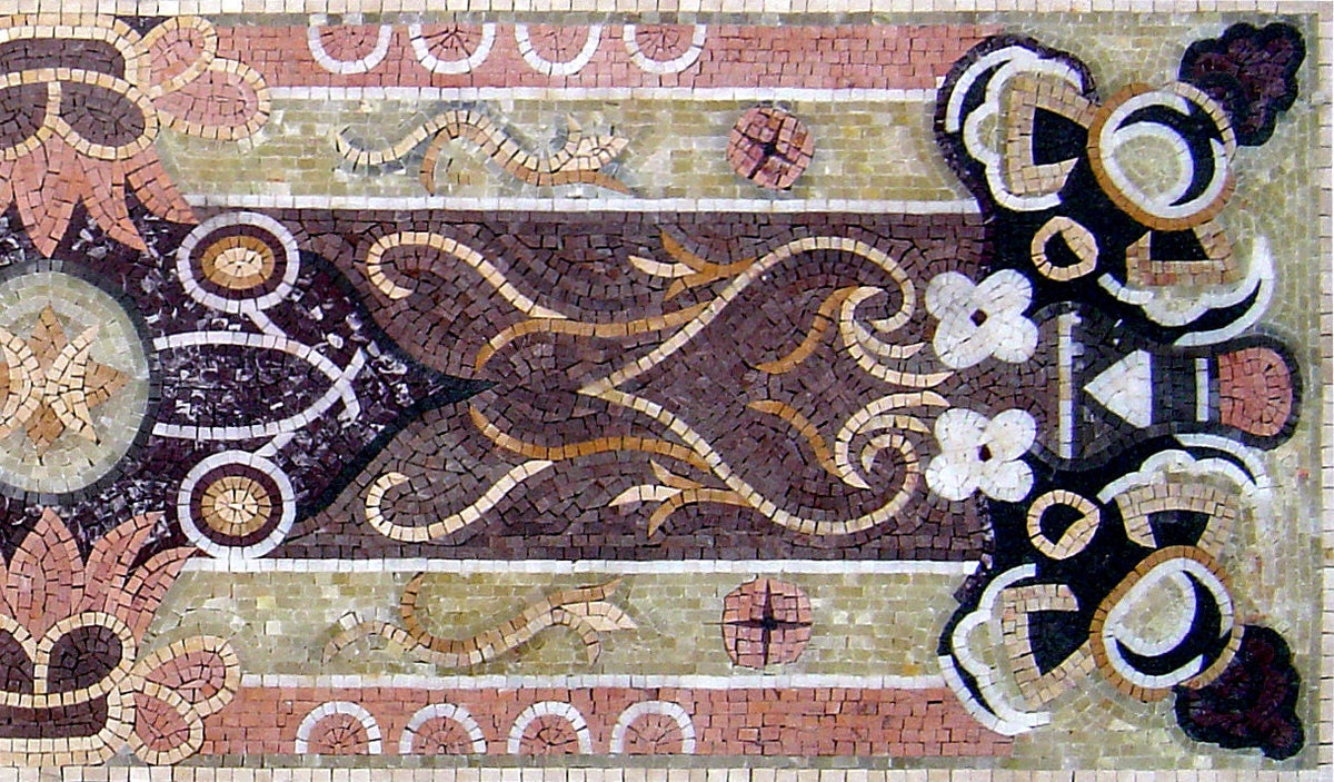Handmade Floral Marble Mosaic Rug: Rectangle Stone Carpet (90” x 28”)